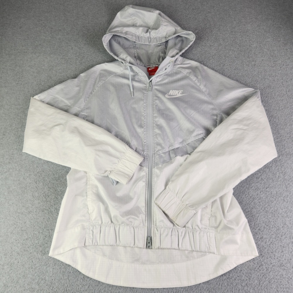 Nike Windbreaker Jacket Womens Medium White Gray Ripstop Sporty‎ Hooded Full Zip